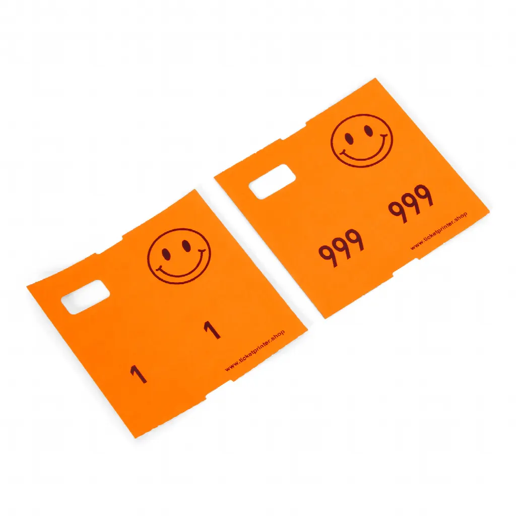 1000 pre-printed cloakroom tickets, neon red/orange